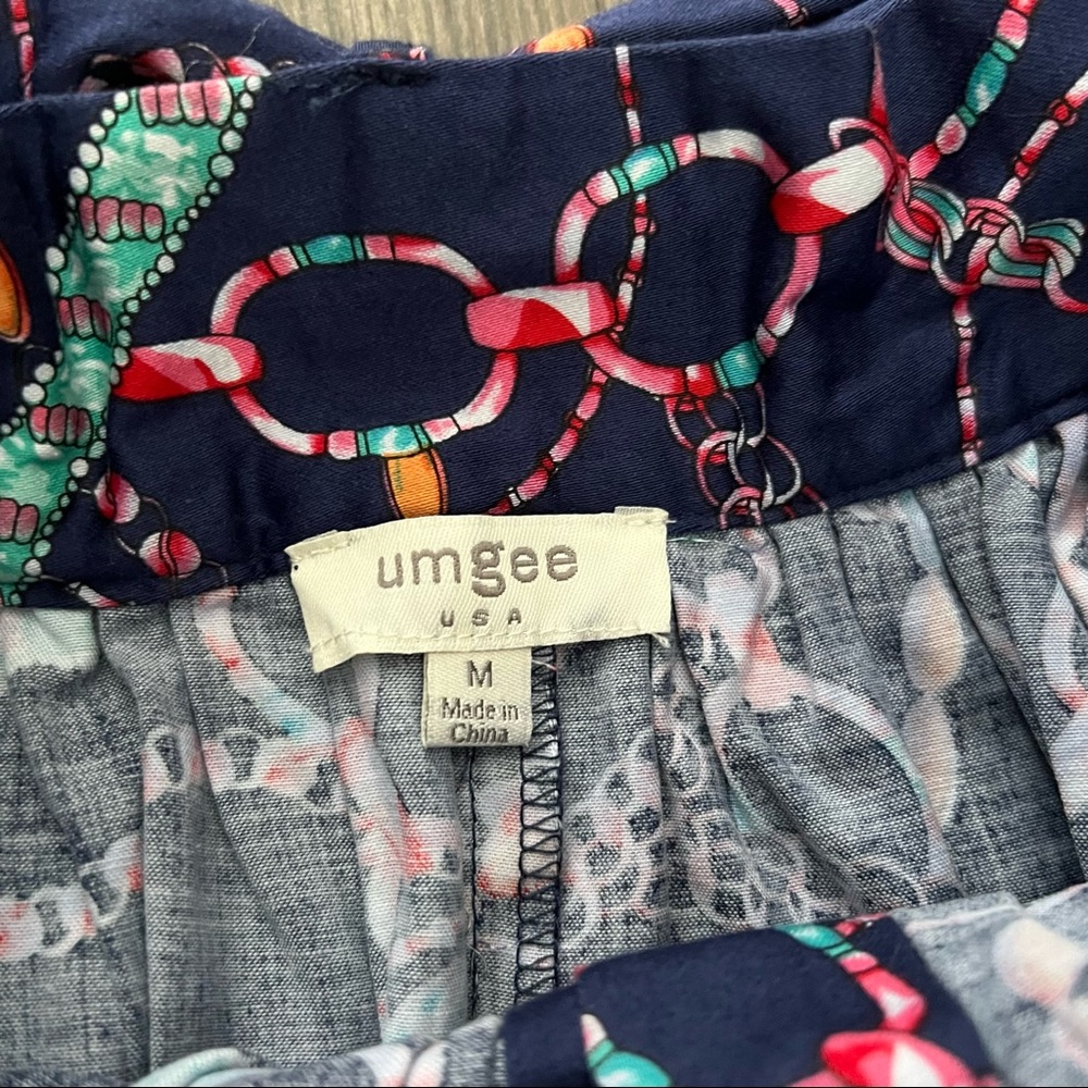Umgee Blue Geometric Print Button Front Paper Bag Waist Knee Length Skirt - Picture 5 of 13